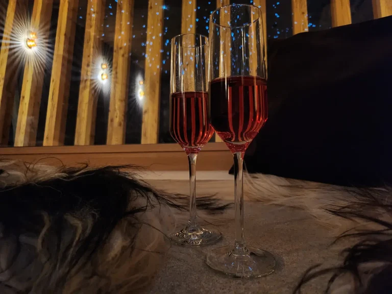Champagner im Traumraum des Alpenchalets unter dem Sternenhimmel