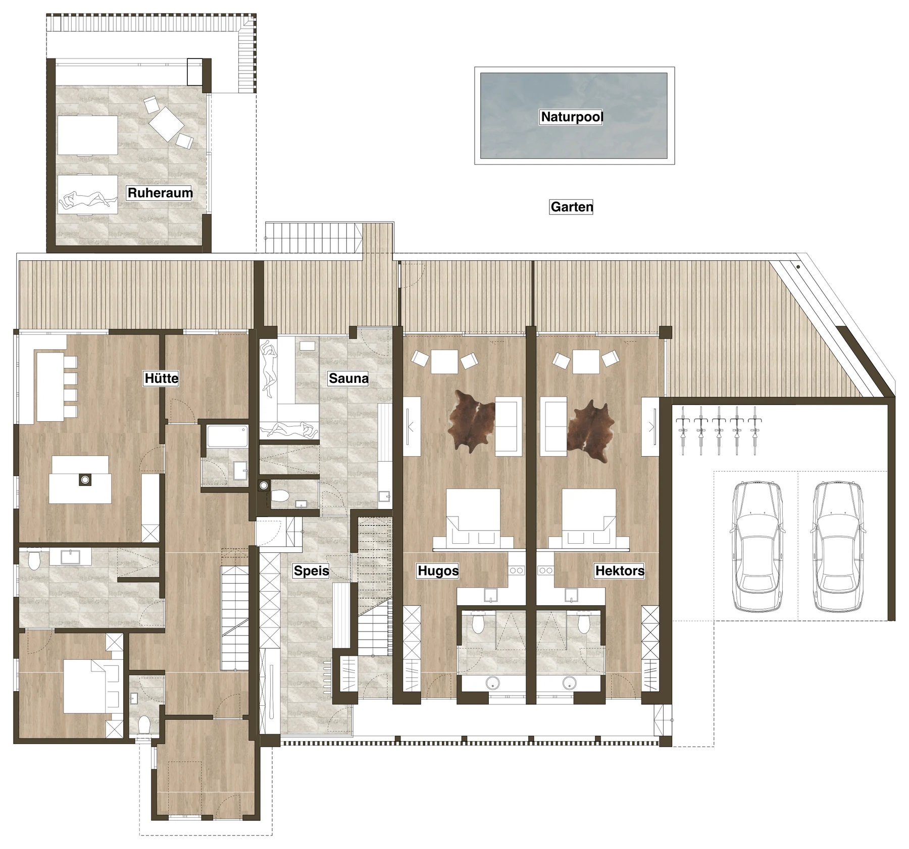 Grundriss des Alpenu im Erdgeschoss mit Hütte, Hugos, Hektors, Sauna, Ruheraum, Naturpool und Garten