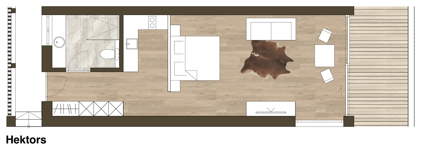 Grundriss des Chalets Hektors mit Wohnraum, Bad und Terrasse