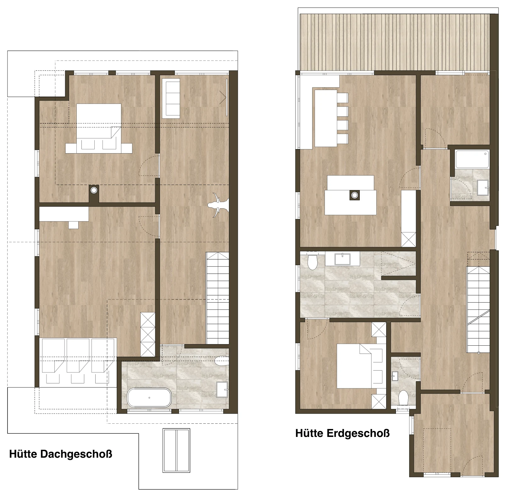 Grundriss des Chalets Hütte mit Erdgeschoss und Dachgeschoss