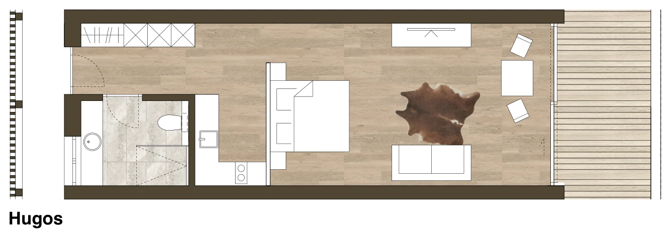 Grundriss des Chalets Hugos mit Wohnraum, Bad und Balkon